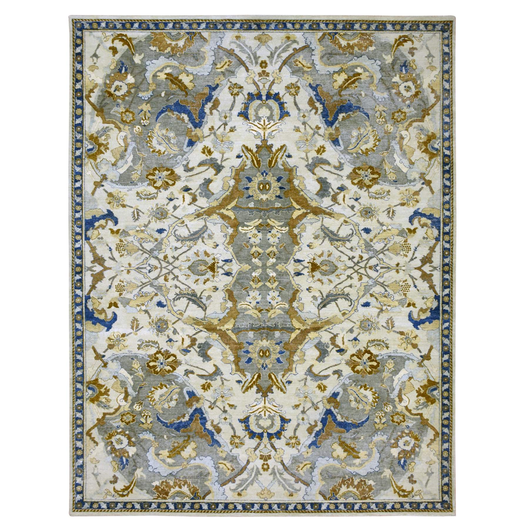 9'2"x12'1" Daisy White, Hand Knotted, Polonaise Czartoryski with Persian Isphahan Inspired Design, Distinct Abrash, Zero Pile, Pure Wool Oriental Rug 